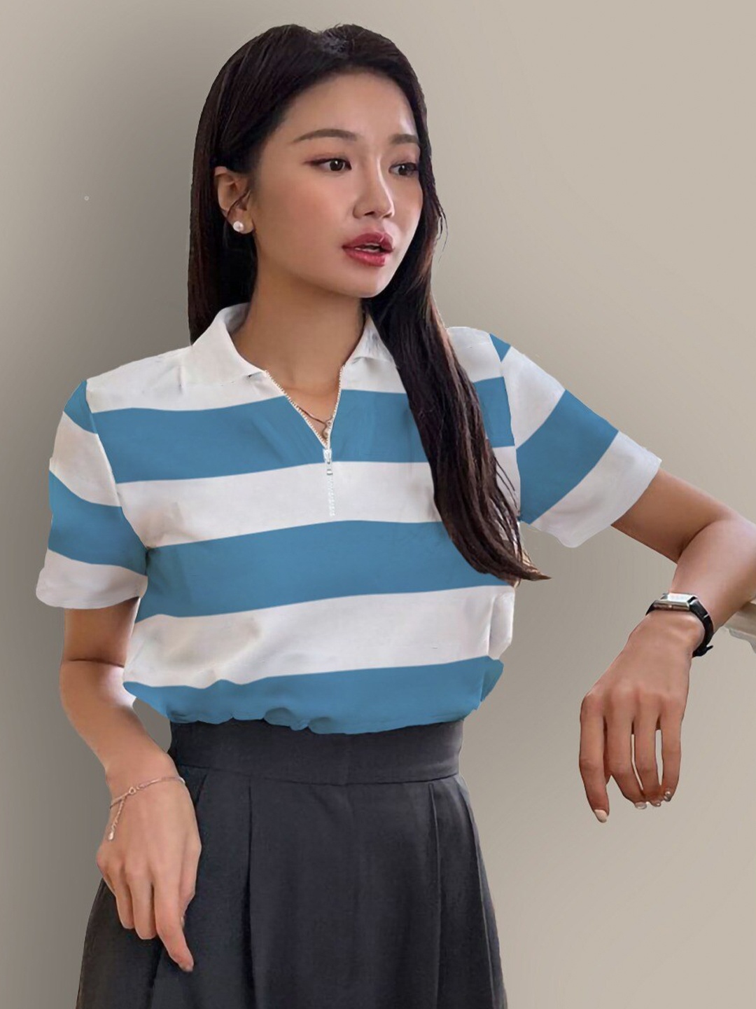 

The Dry State Women Striped Polo Collar T-shirt, Blue