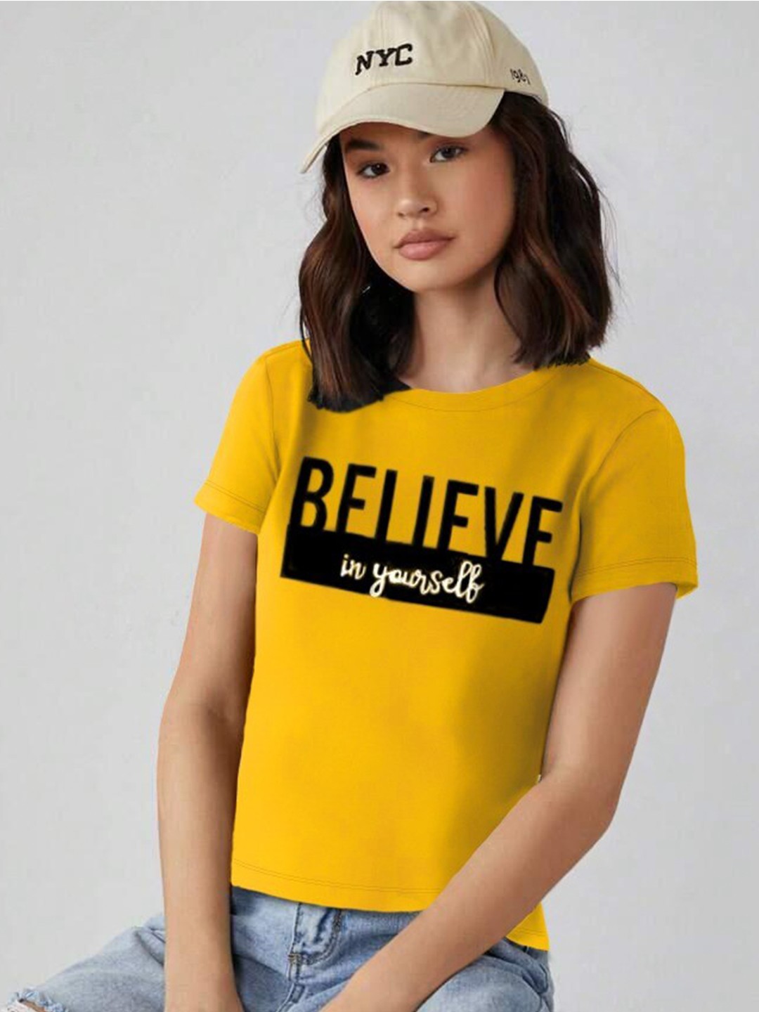 

The Dry State Women Typography Applique T-shirt, Mustard
