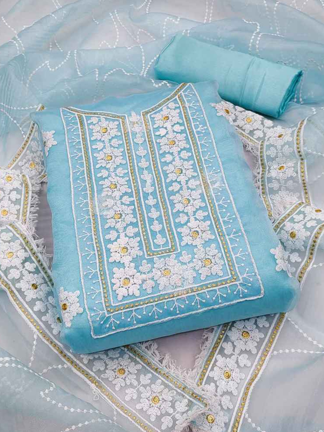 

faxofab Embroidered Organza Unstitched Dress Material, Blue