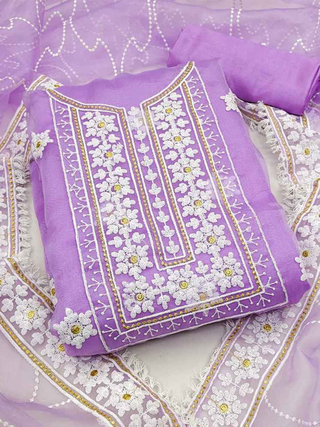 

faxofab Floral Embroidered Organza Unstitched Dress Material, Lavender