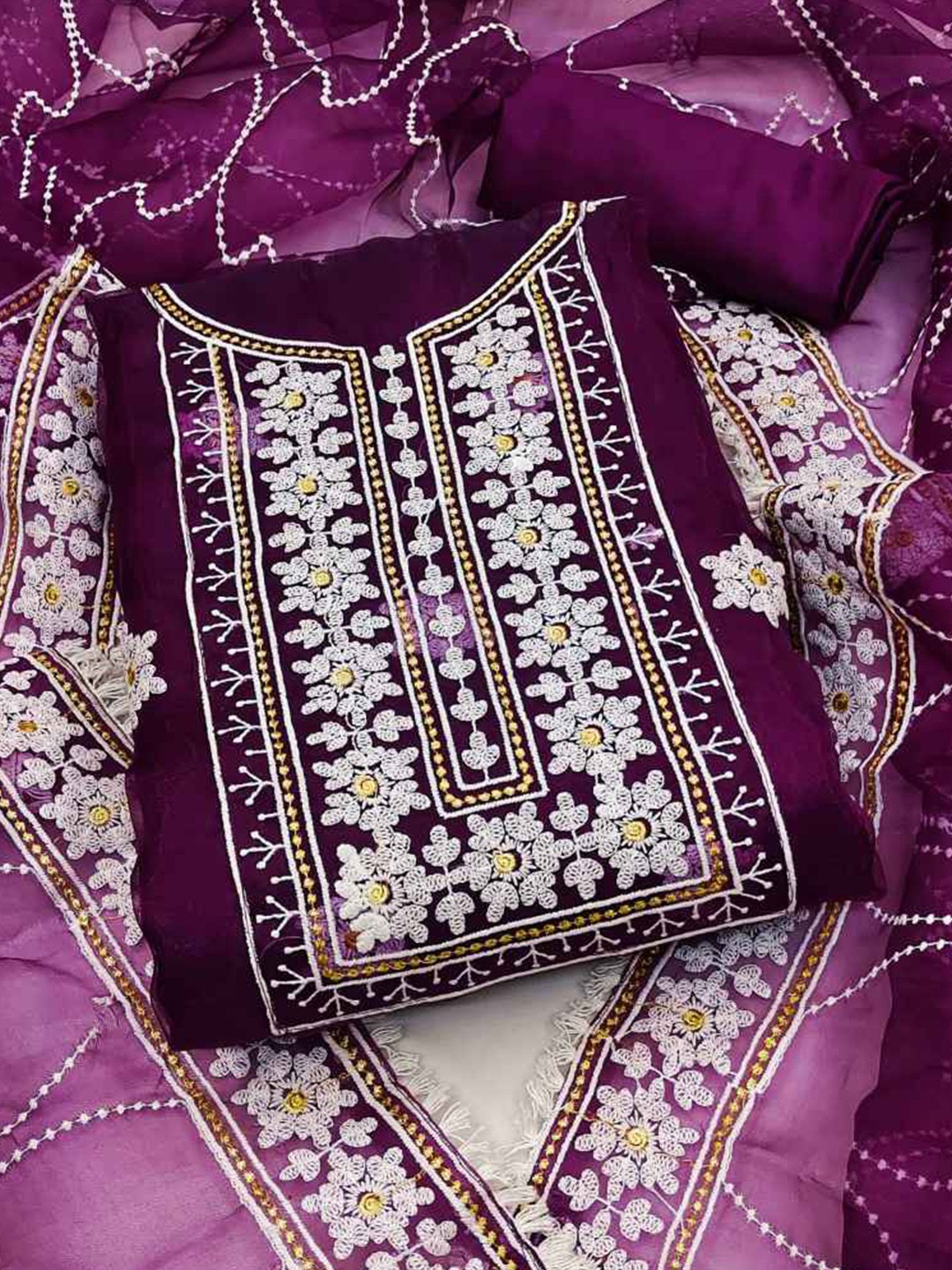 

faxofab Ethnic Motifs Embroidered Sequinned Organza Unstitched Dress Material, Purple