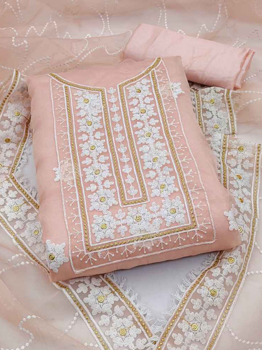 

faxofab Ethnic Motifs Embroidered Organza Unstitched Dress Material, Peach