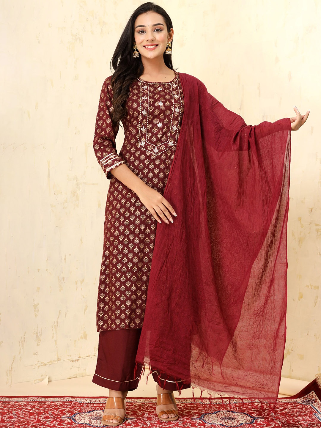 

KALINI Floral Printed Regular Gotta Patti Pure Cotton Kurta With Palazzos & Dupatta, Maroon