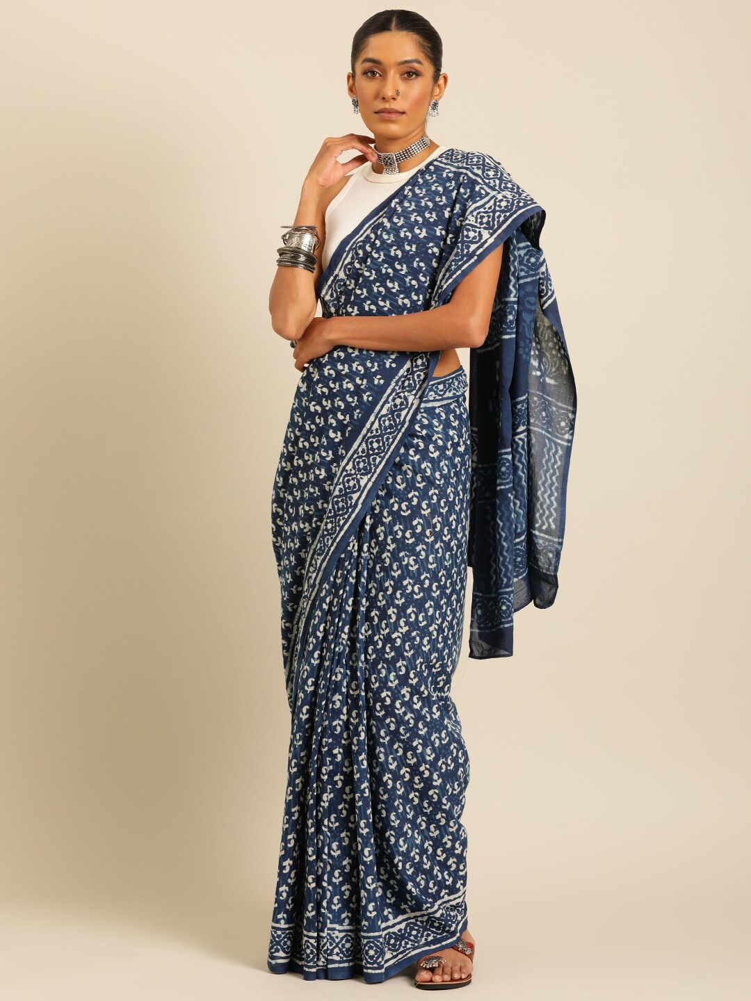 

Taavi Block Printed Pure Cotton Pre-Stitched Saree, Blue