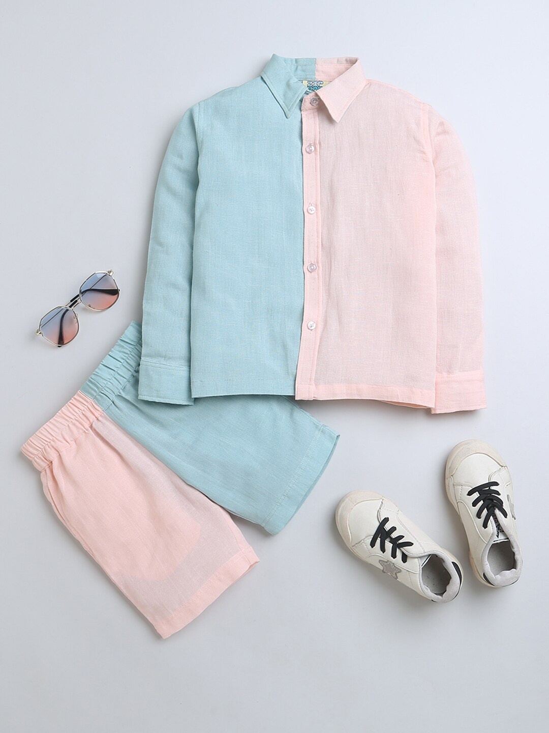 

ZIP ZAP ZOOP Boys Colourblocked Pure Cotton Shirt with Shorts, Pink