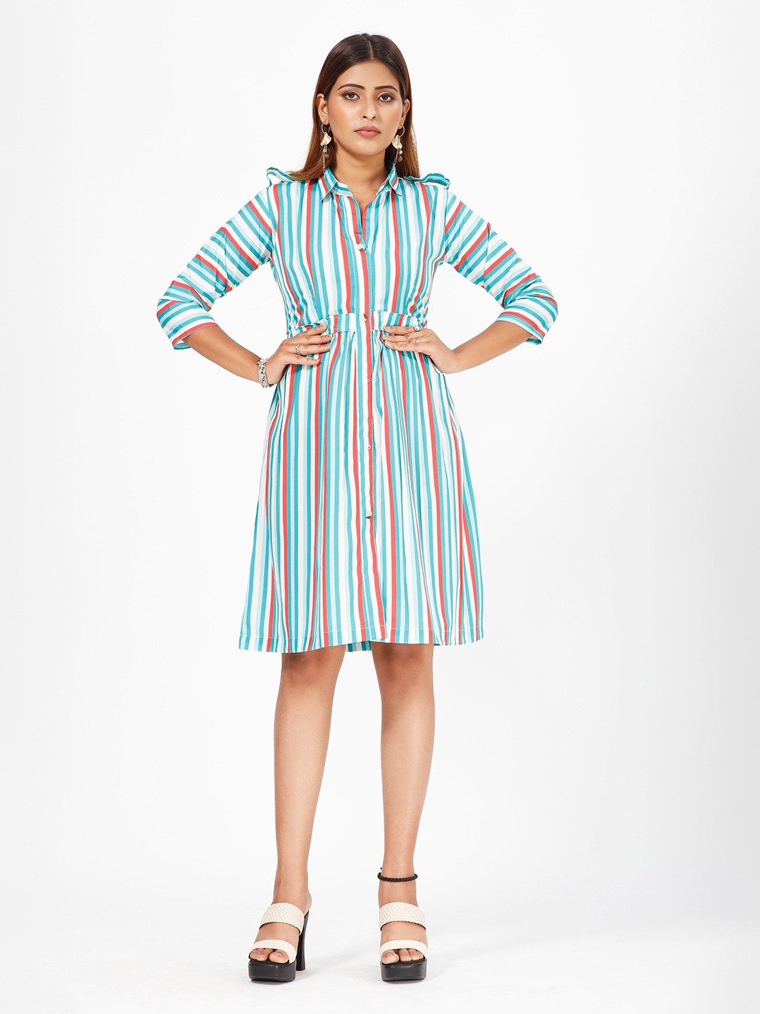 

mrutbaa Striped Crepe Shirt Dress, Blue
