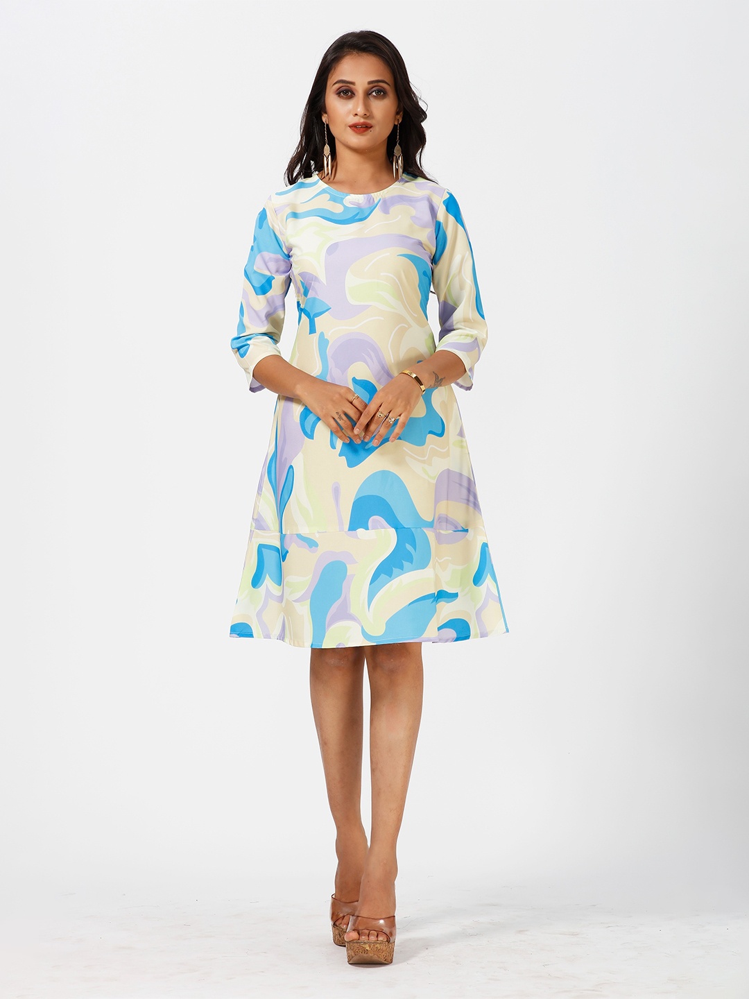 

mrutbaa Print Crepe Fit & Flare Dress, Blue