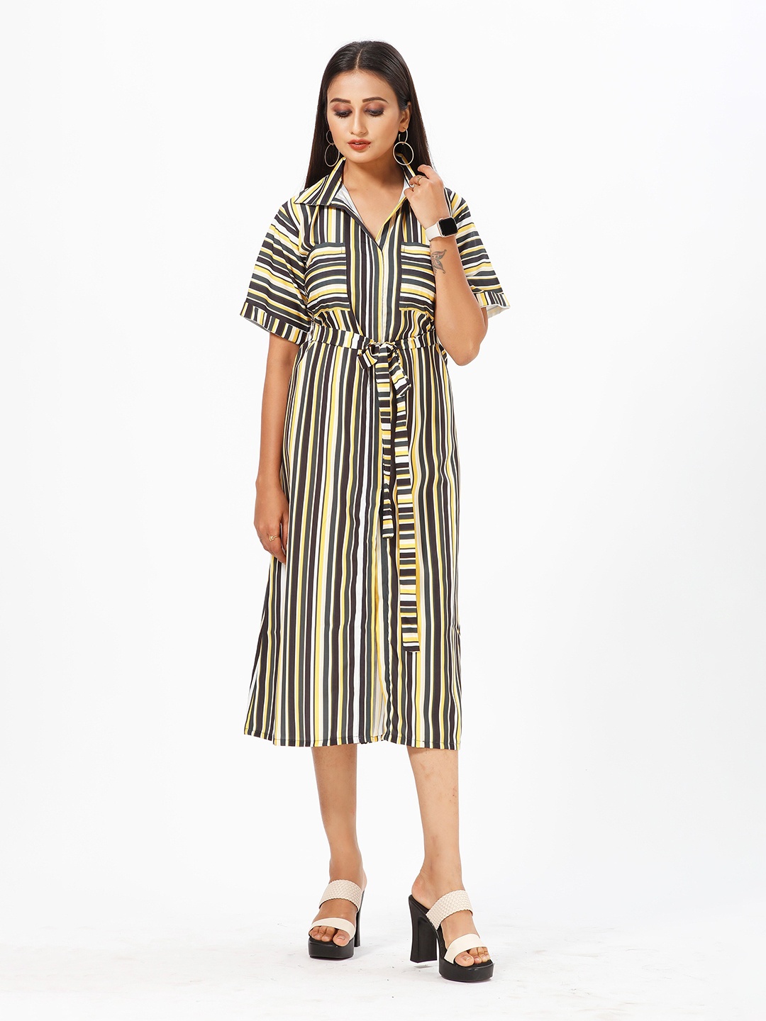 

mrutbaa Striped Crepe Shirt Midi Dress, Yellow