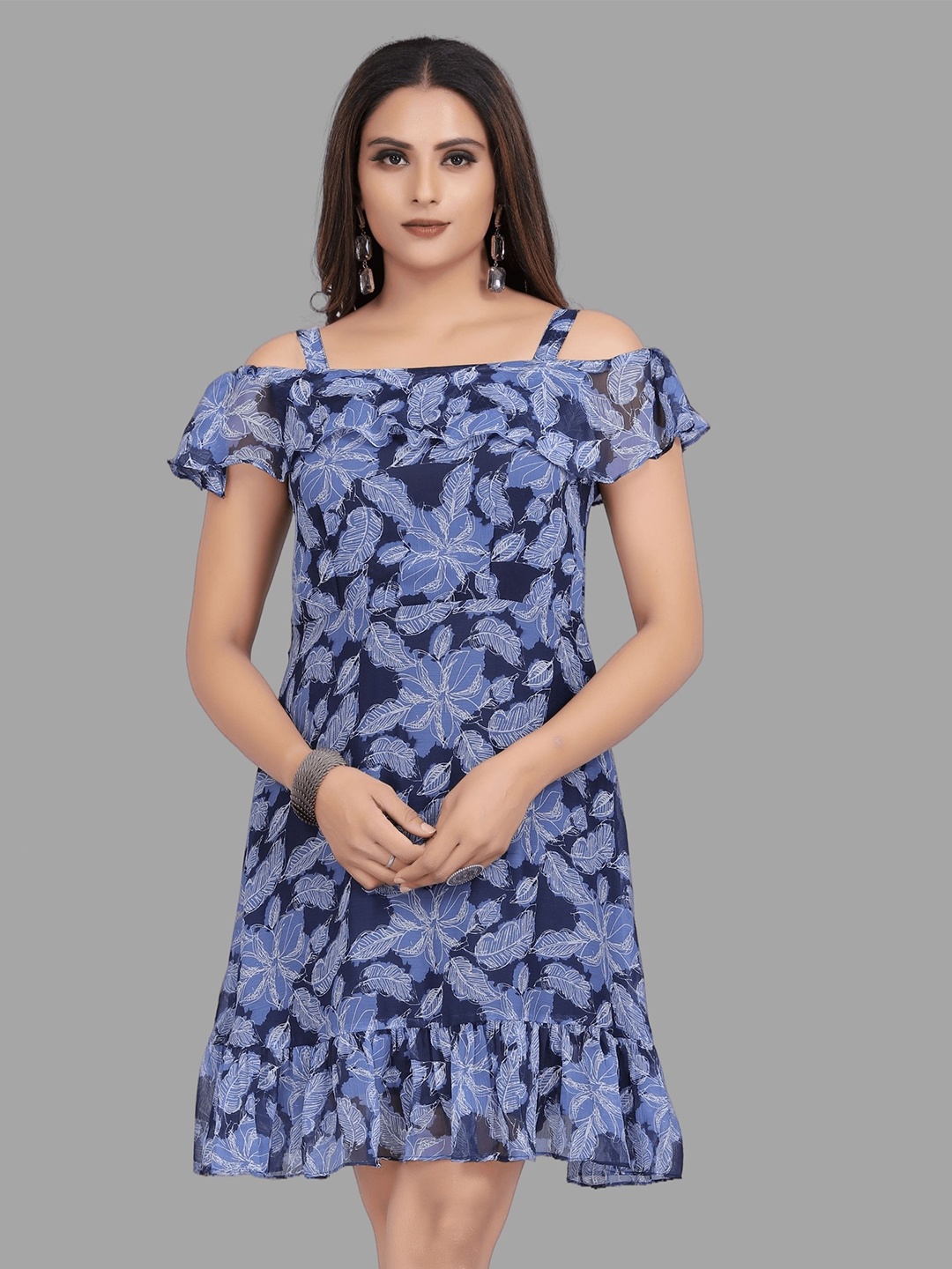 

mrutbaa Print Cold-Shoulder Chiffon Fit & Flare Dress, Blue