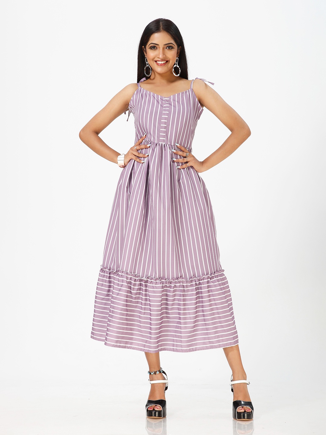 

mrutbaa Striped Crepe Fit & Flare Midi Dress, Purple