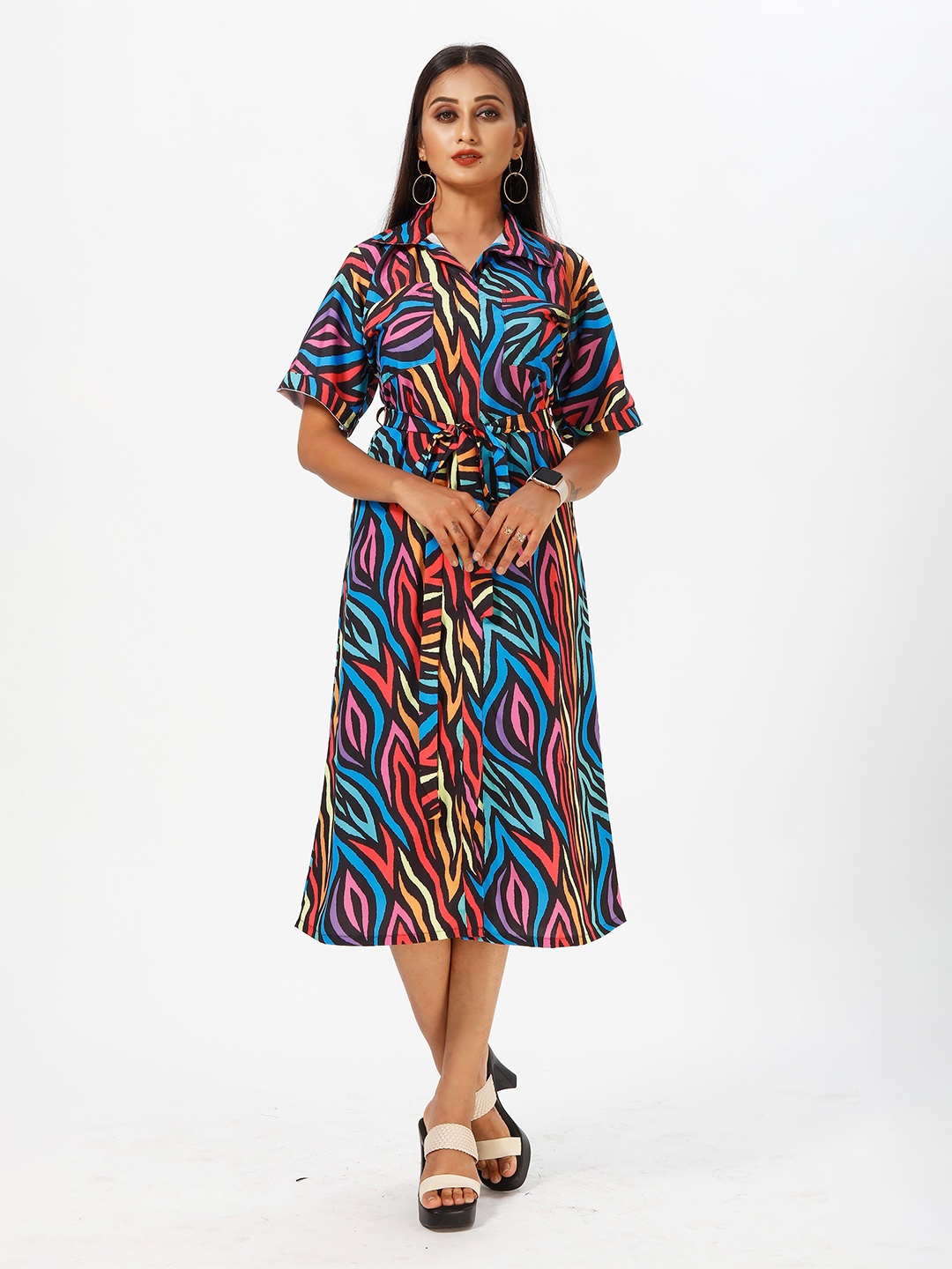 

mrutbaa Print Crepe Shirt Midi Dress, Multi