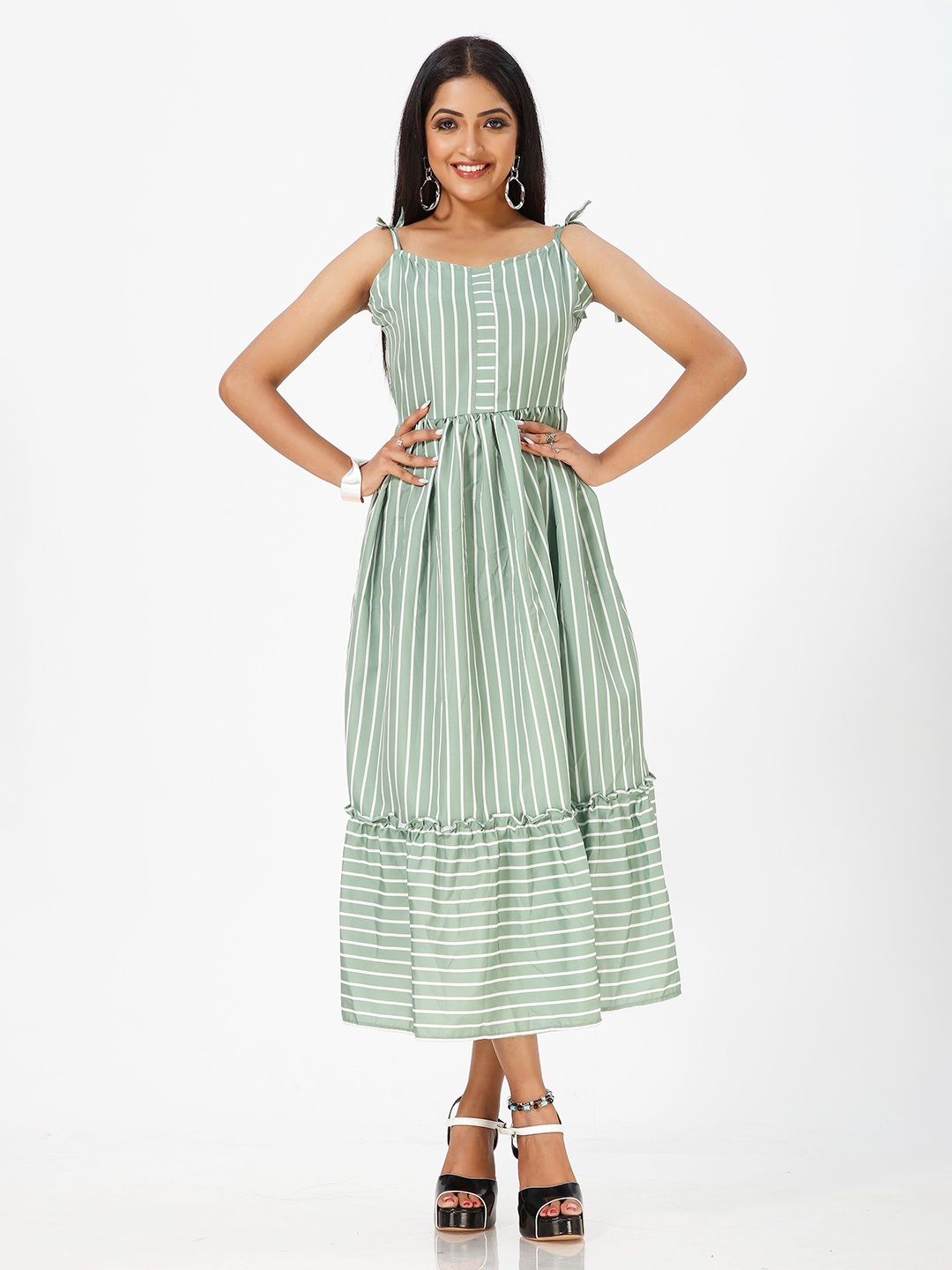 

mrutbaa Striped Crepe Fit & Flare Midi Dress, Green