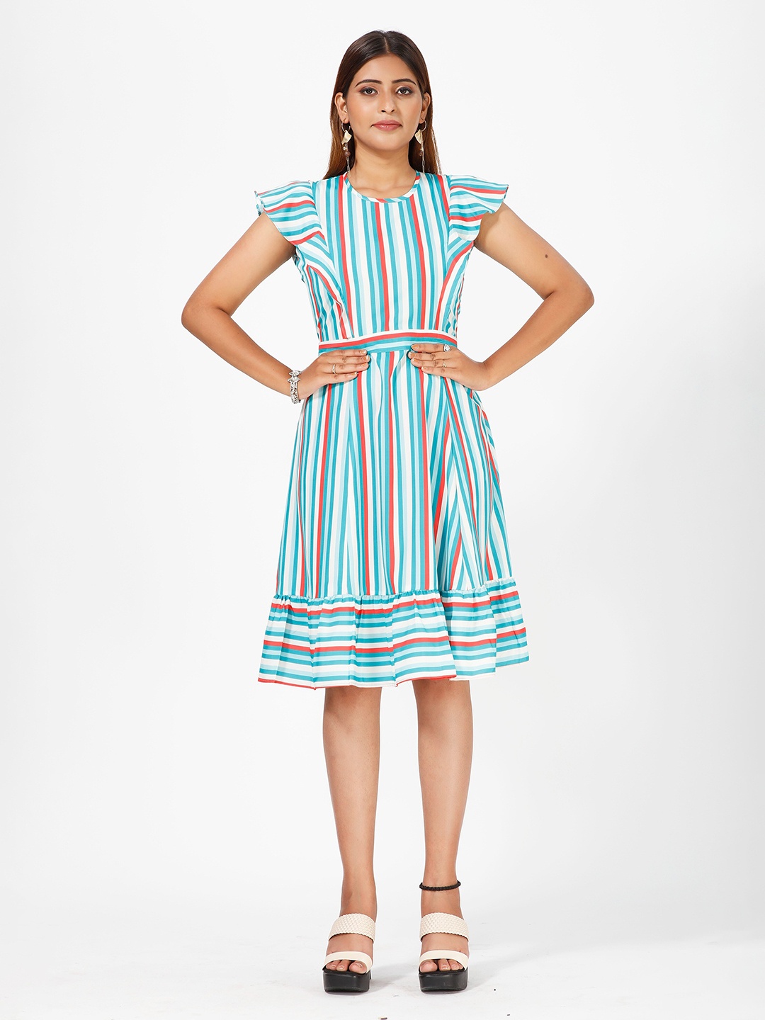 

mrutbaa Striped Flutter Sleeve Crepe Fit & Flare Dress, Blue