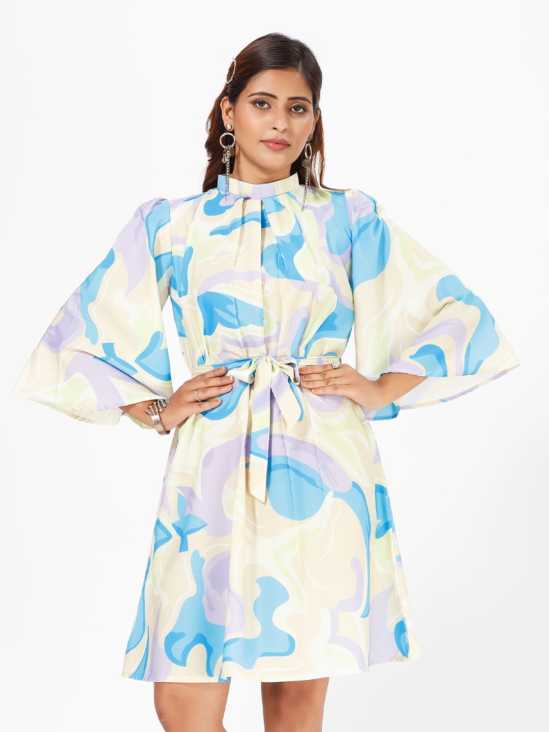 

mrutbaa Print Flared Sleeve Crepe Fit & Flare Dress, Blue