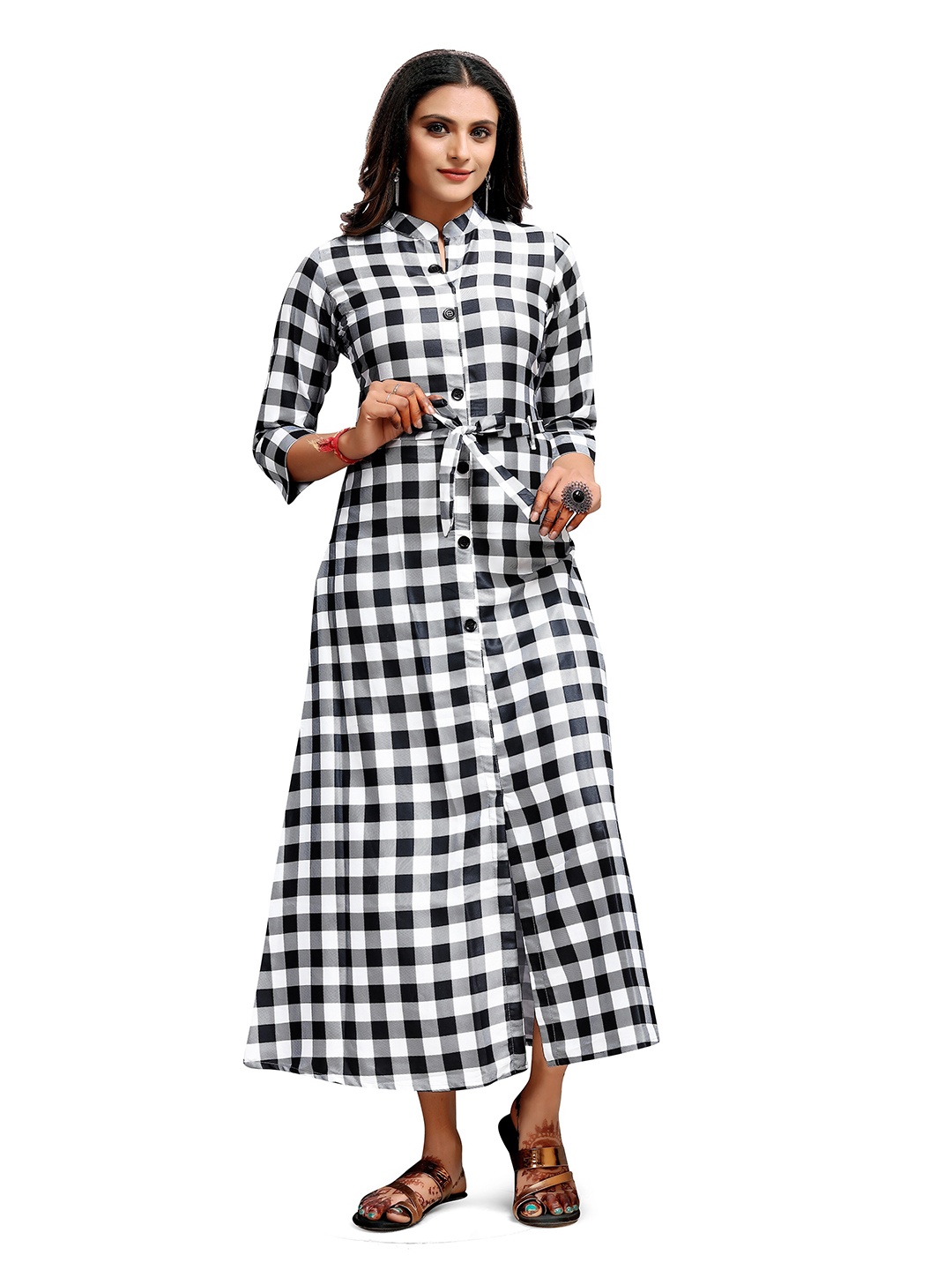 

mrutbaa Checked Fit & Flare Midi Dress, White