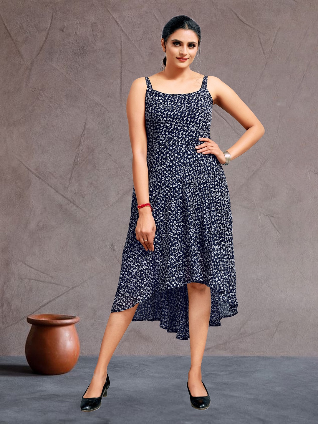 

mrutbaa Polka Dot Print Chiffon Fit & Flare Dress, Blue