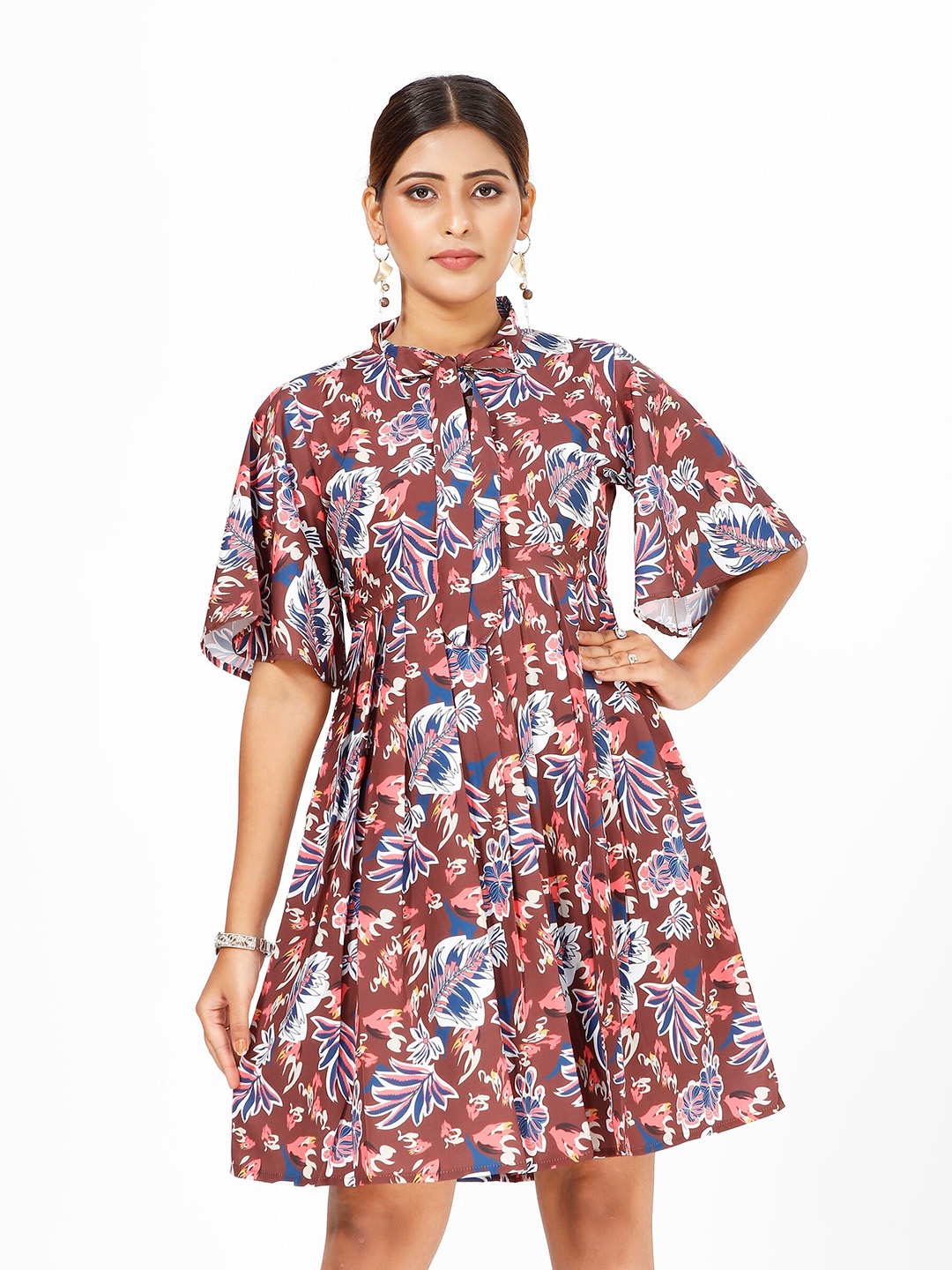 

mrutbaa Floral Print Flared Sleeve Crepe Fit & Flare Dress, Brown