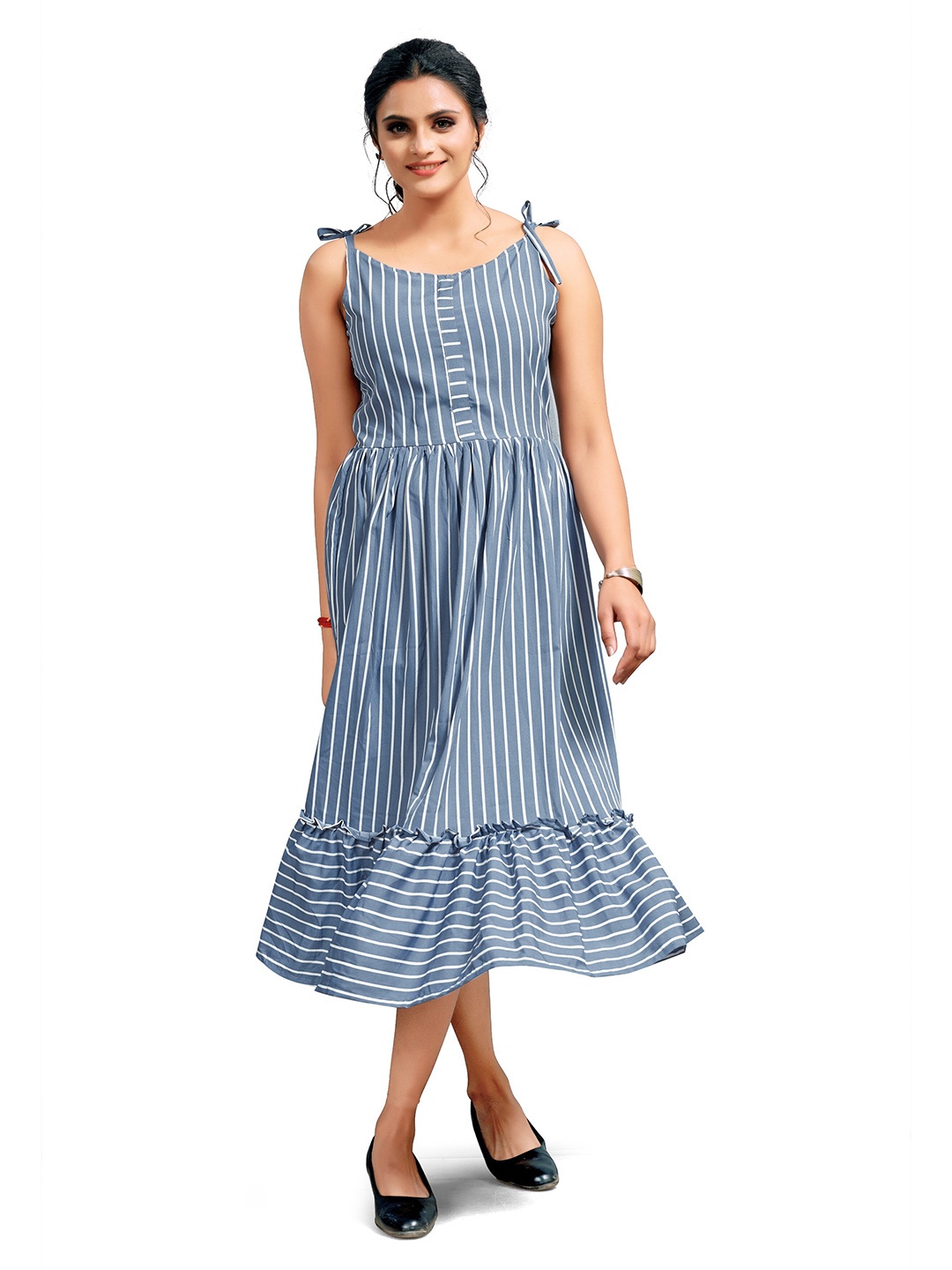 

mrutbaa Striped Crepe Fit & Flare Midi Dress, Blue