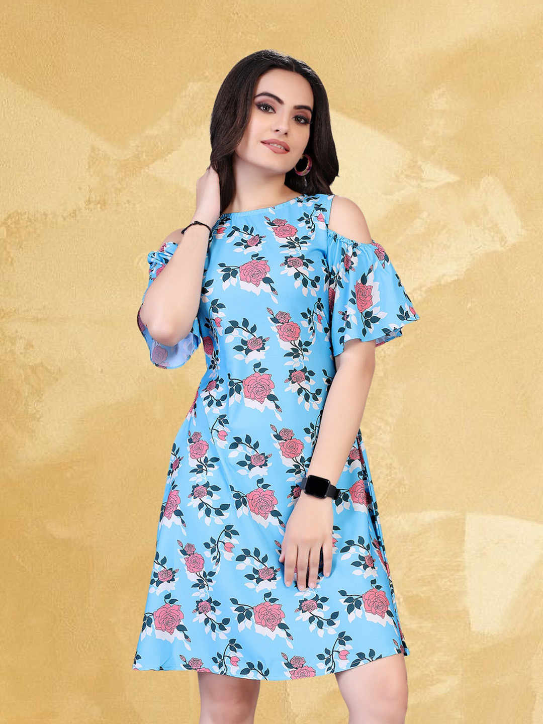 

mrutbaa Floral Print Crepe A-Line Dress, Blue