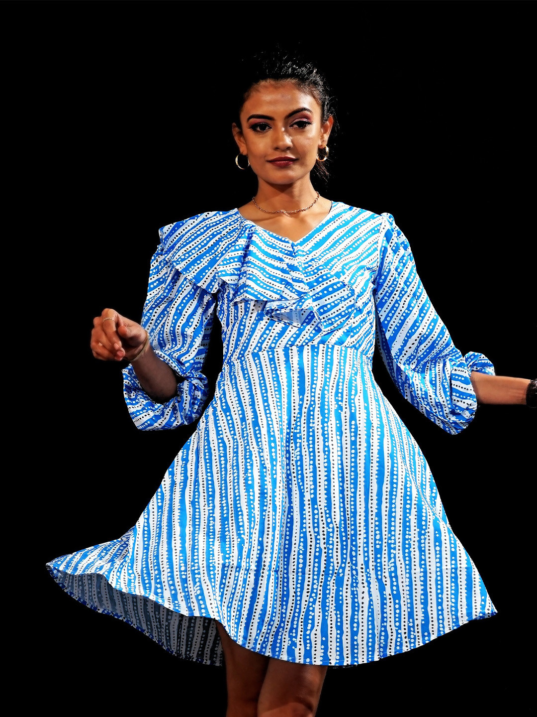 

mrutbaa Striped Crepe Fit & Flare Dress, Blue