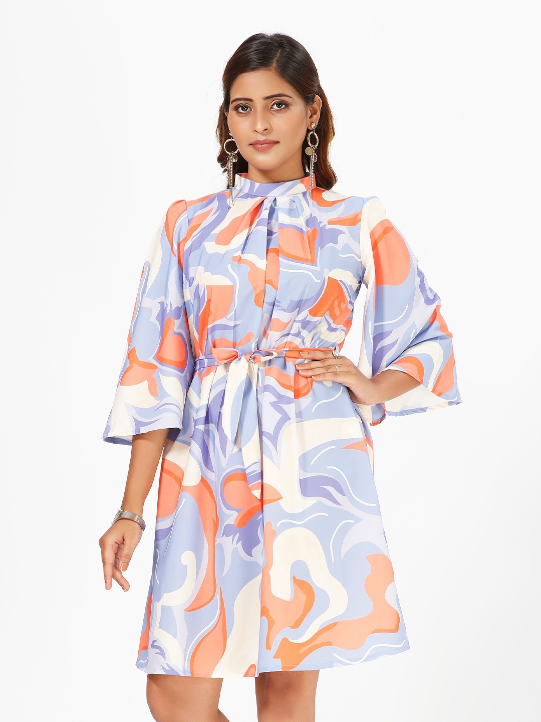 

mrutbaa Floral Print Cold-Shoulder Crepe Fit & Flare Dress, Purple