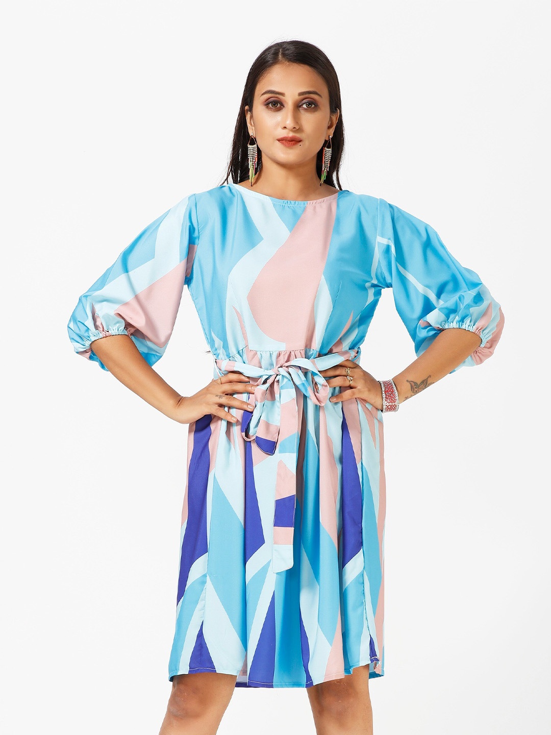 

mrutbaa Print Crepe A-Line Dress, Blue