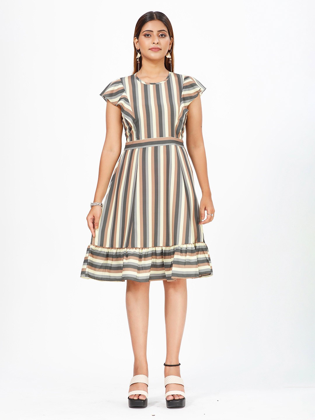 

mrutbaa Striped Round Neck Crepe Fit & Flare Dress, Grey