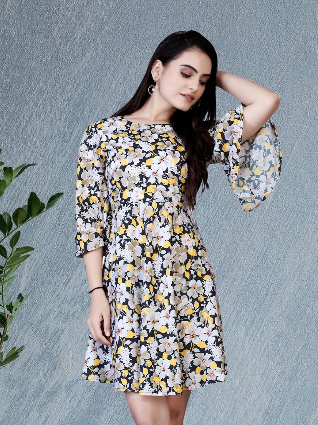 

mrutbaa Floral Print Crepe Fit & Flare Dress, Black