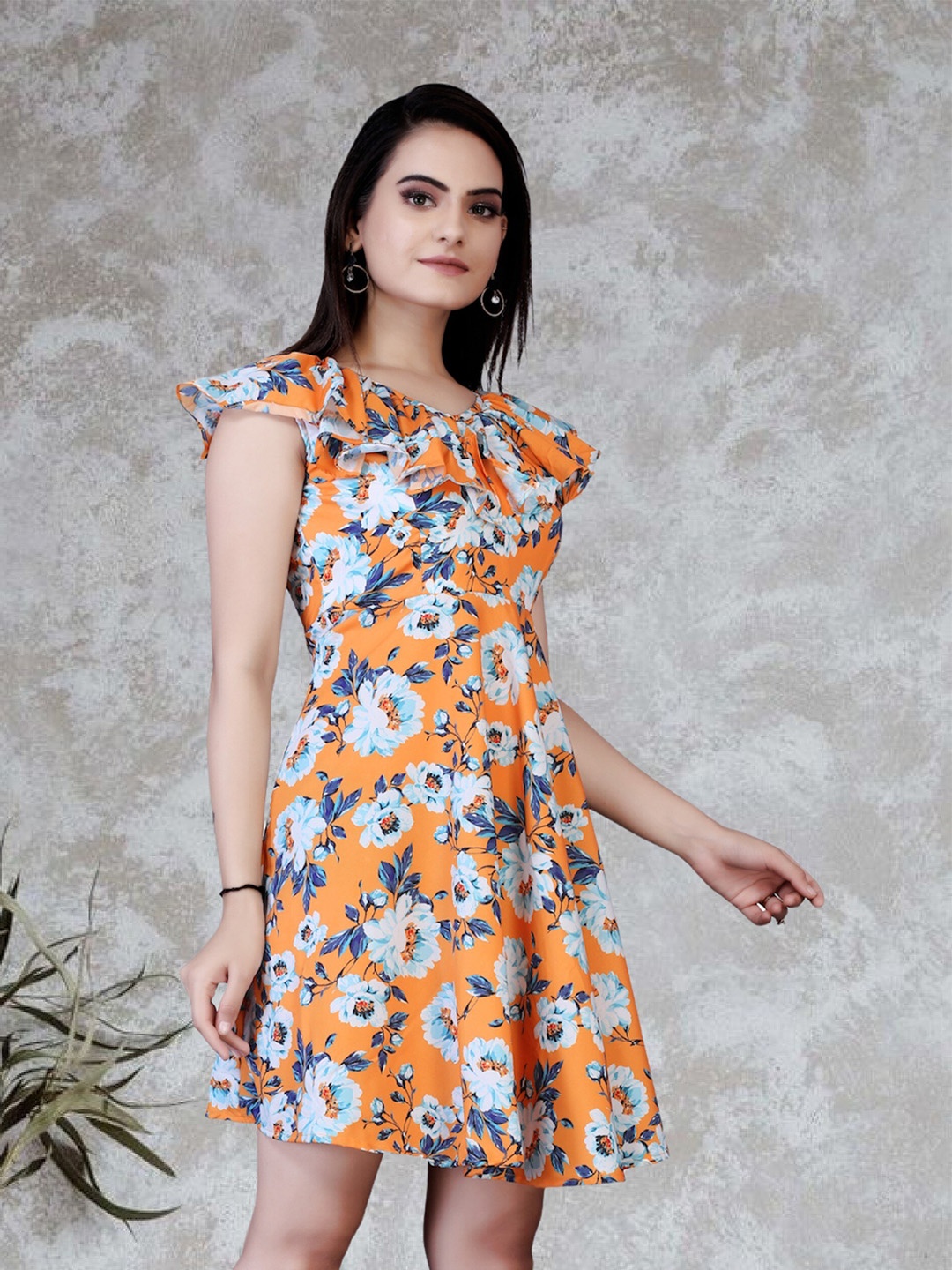 

mrutbaa Floral Print Cold-Shoulder Crepe A-Line Dress, Orange