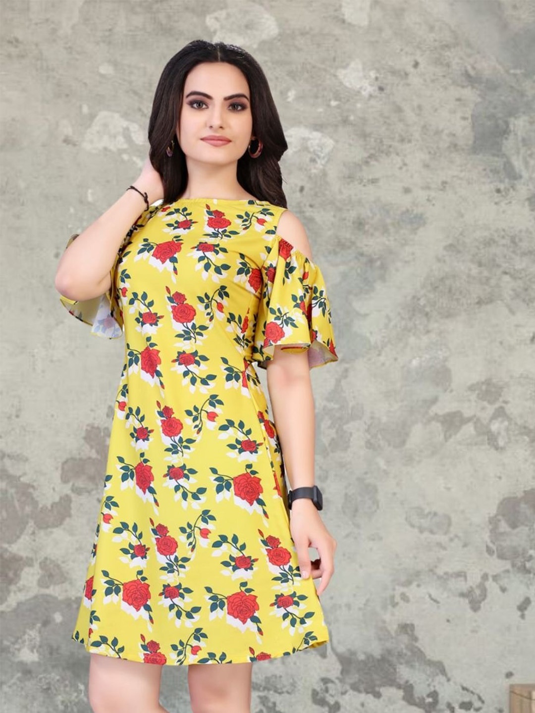 

mrutbaa Floral Print Crepe A-Line Dress, Yellow