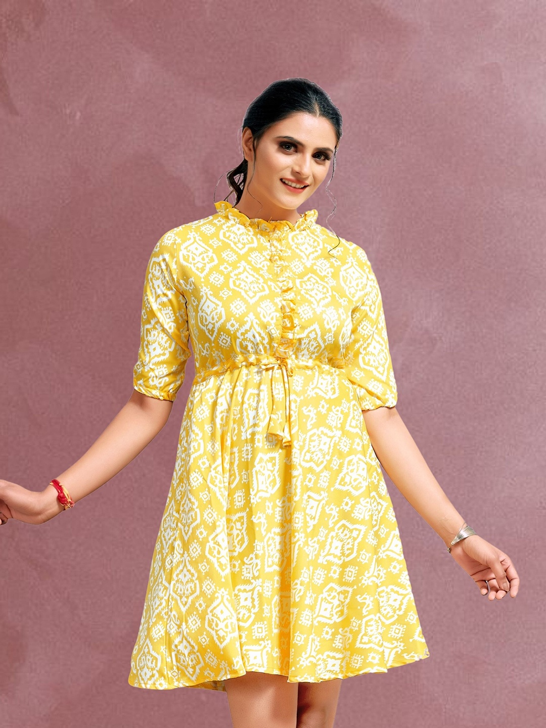 

mrutbaa Floral Print Fit & Flare Dress, Yellow