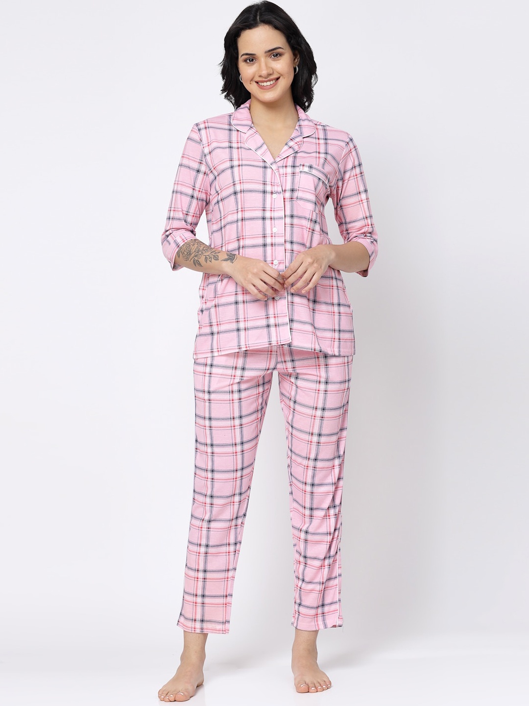 

SHYAM SONS FLAIR Checked Lapel Collar Night suit, Pink