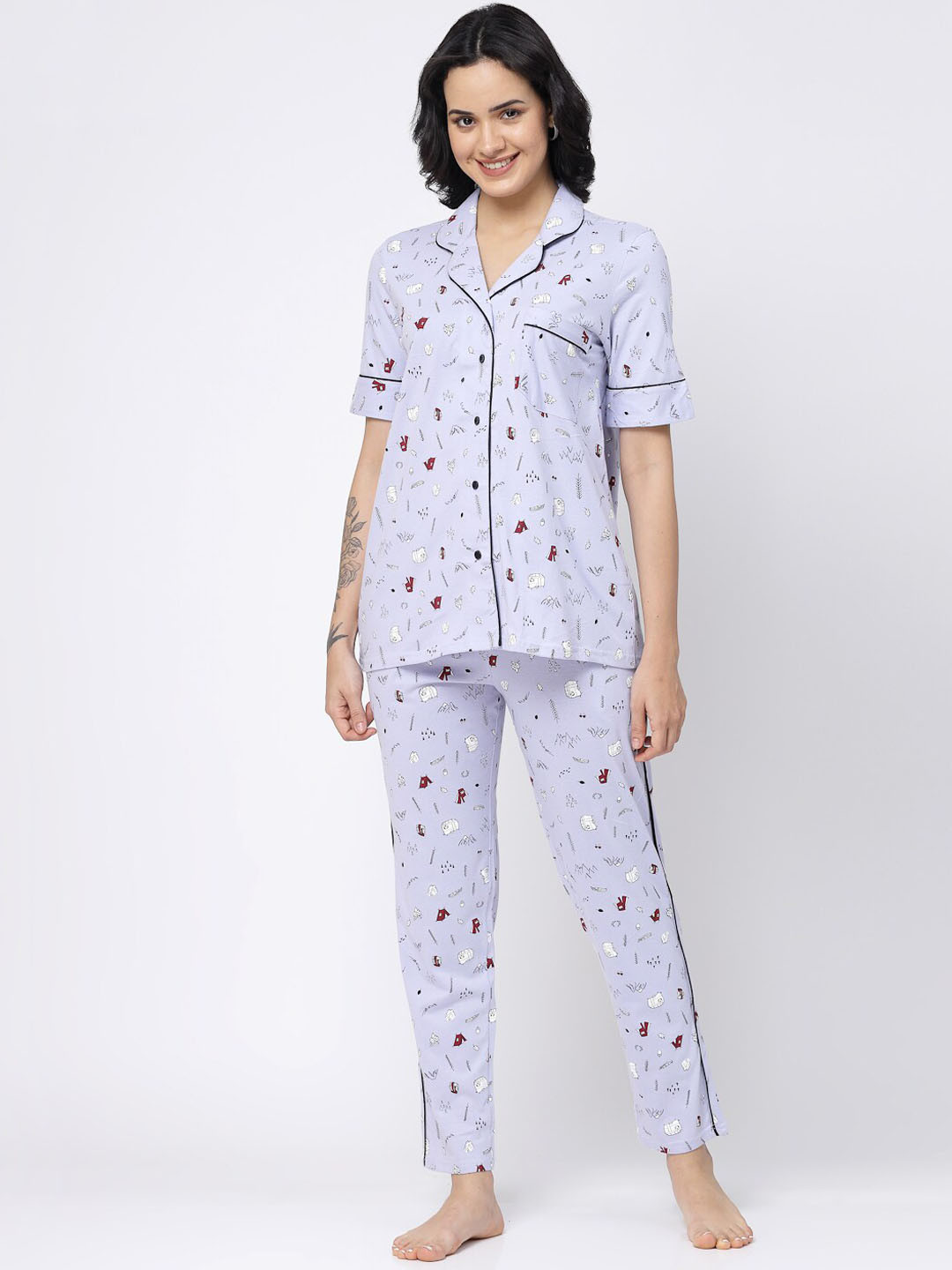 

SHYAM SONS FLAIR Conversational Printed Lapel Collar Night suit, Blue