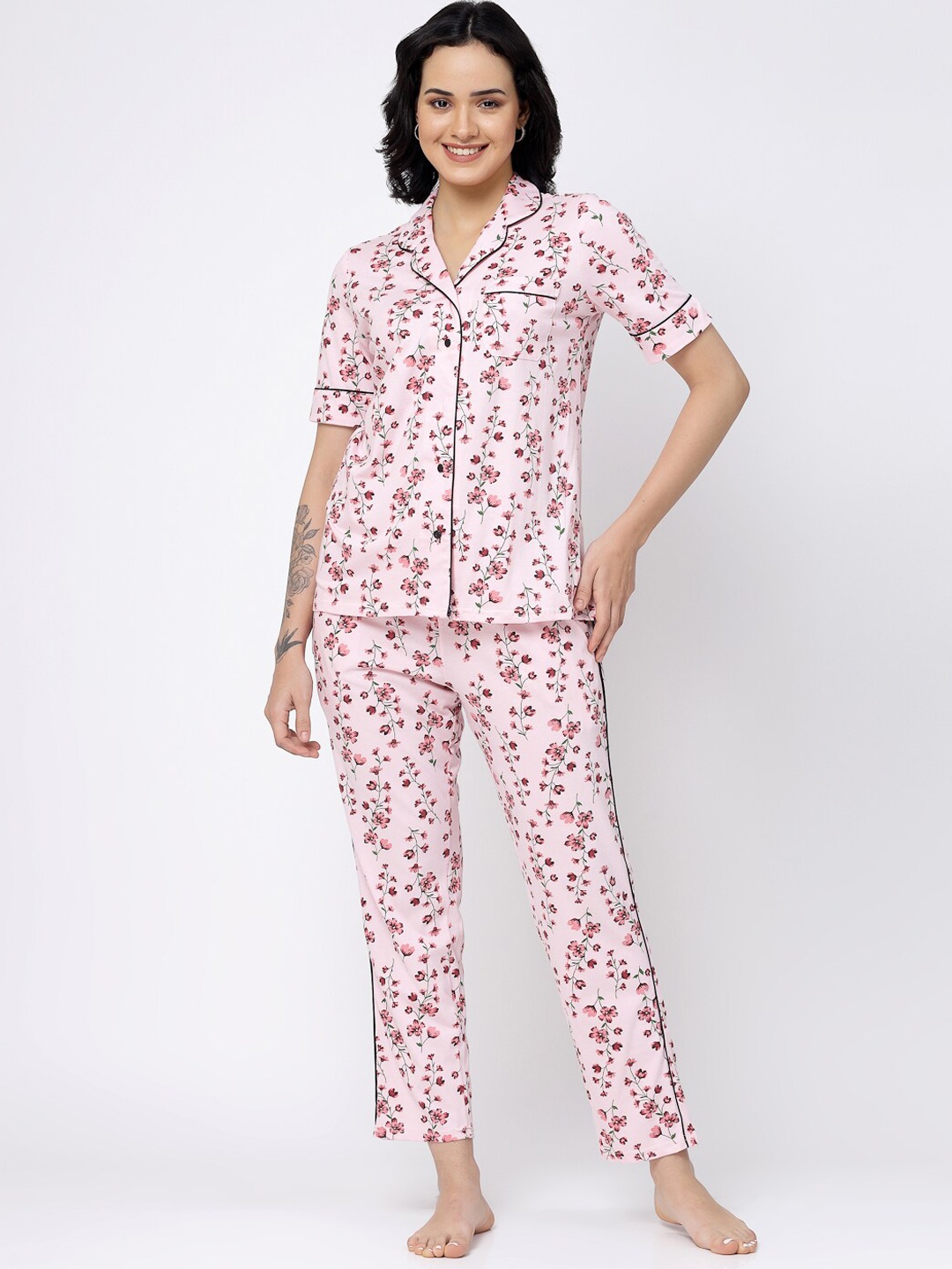 

SHYAM SONS FLAIR Floral Printed Lapel Collar Night suit, Pink