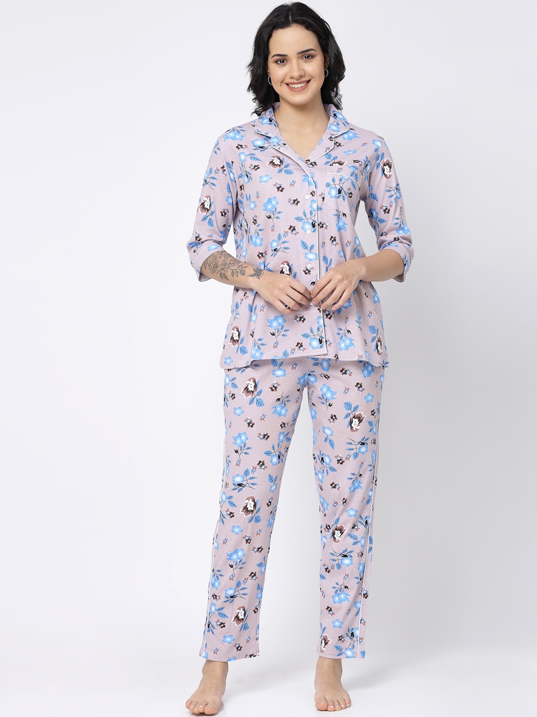 

SHYAM SONS FLAIR Floral Printed Lapel Collar Night suit, Blue