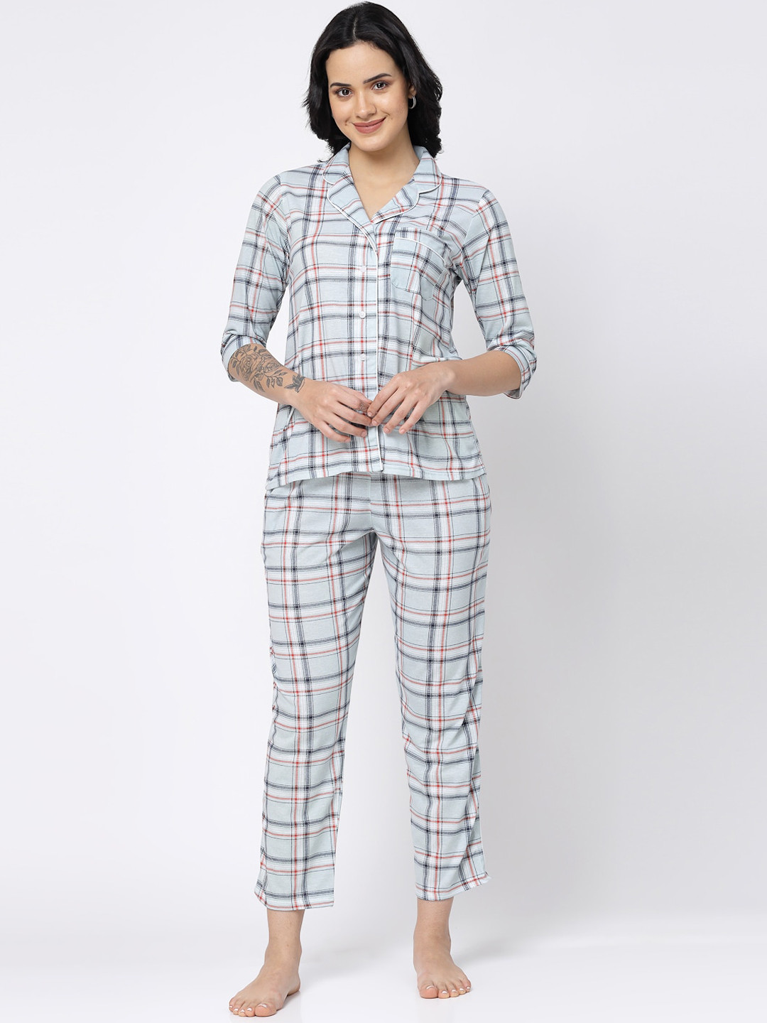 

SHYAM SONS FLAIR Checked Lapel Collar Night suit, Grey