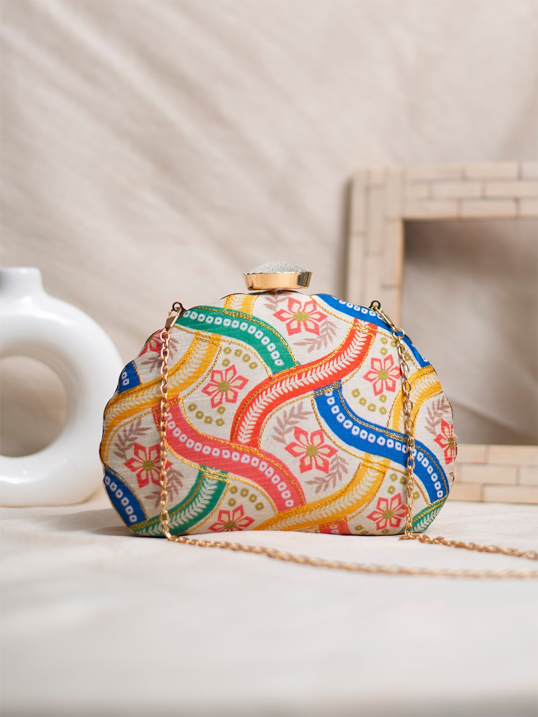 

ARTKLIM Floral Printed Embroidered D-Shape Box Clutch, Cream