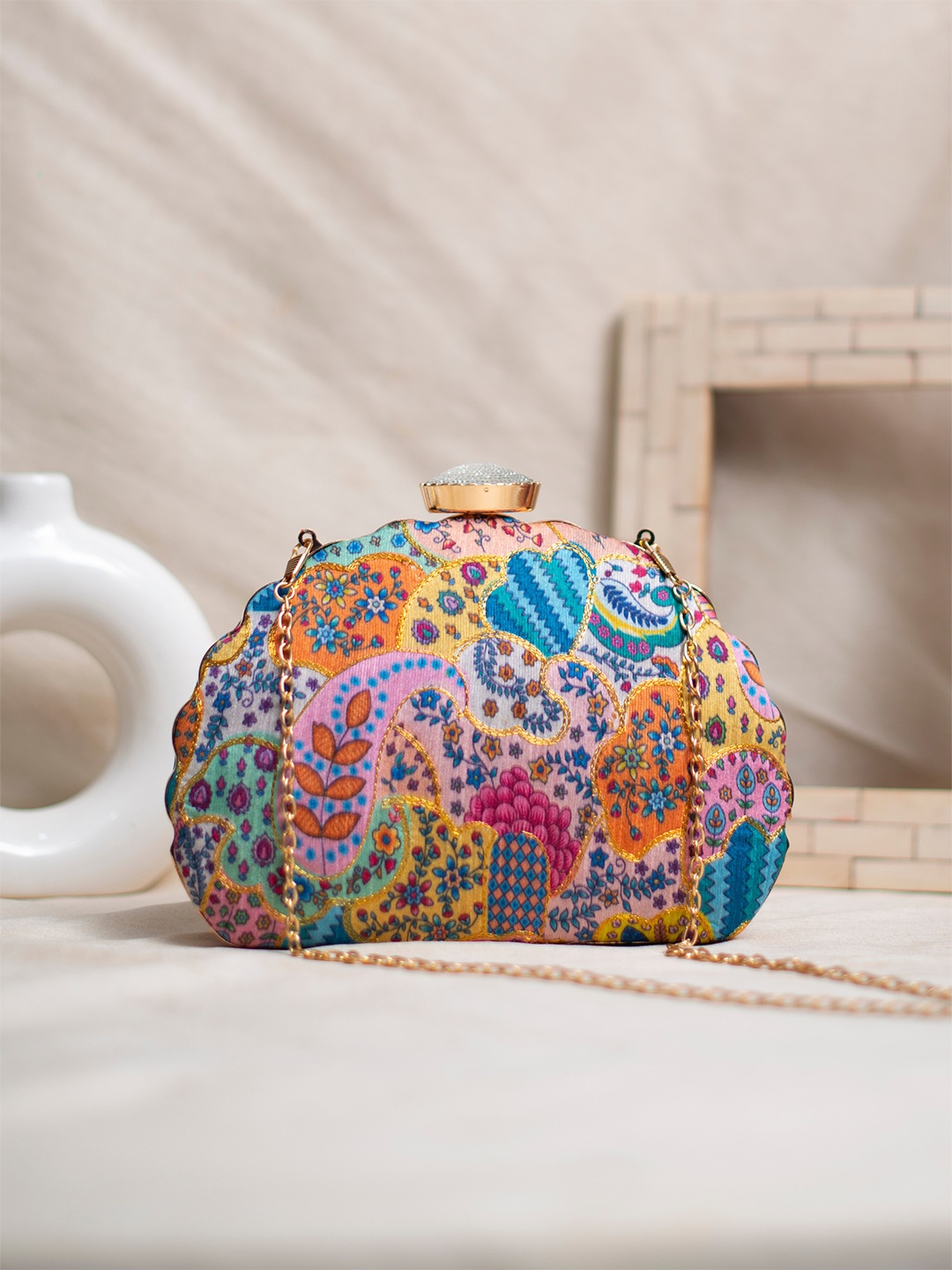 

ARTKLIM Ethnic Printed Embroidered Box Clutch, Purple