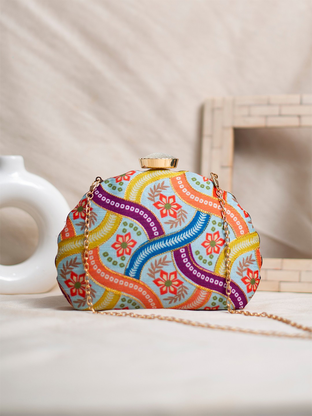 

ARTKLIM Floral Printed Embroidered Box Clutch, Blue