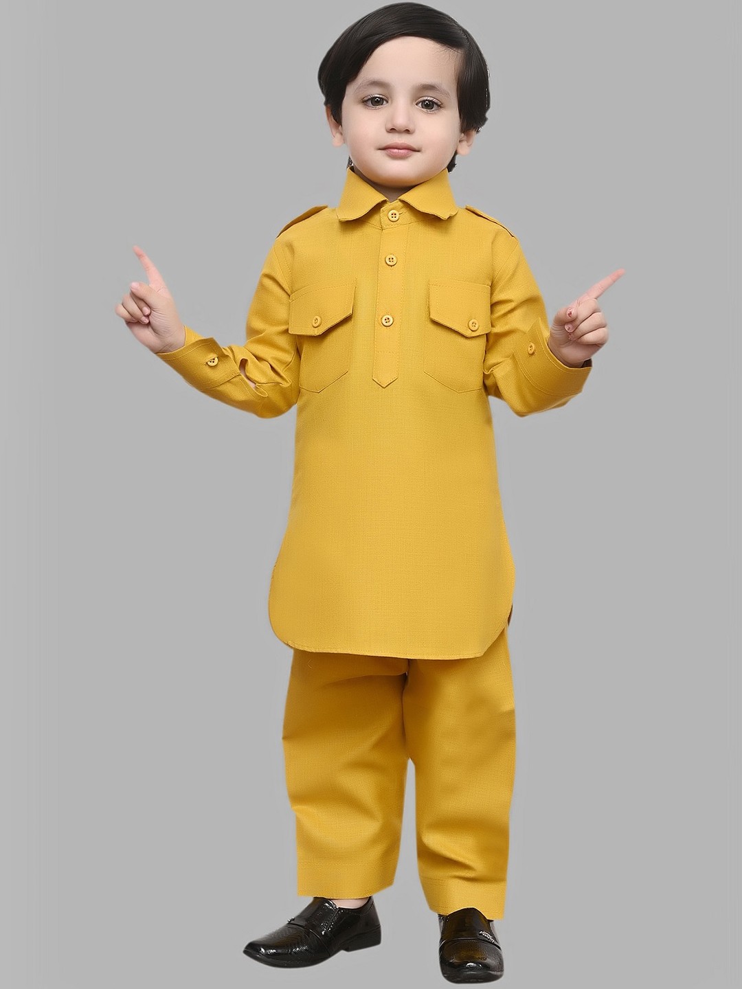 

BAESD Boys Roll-Up Sleeves Pure Cotton Pathani Kurta With Pyjama, Mustard