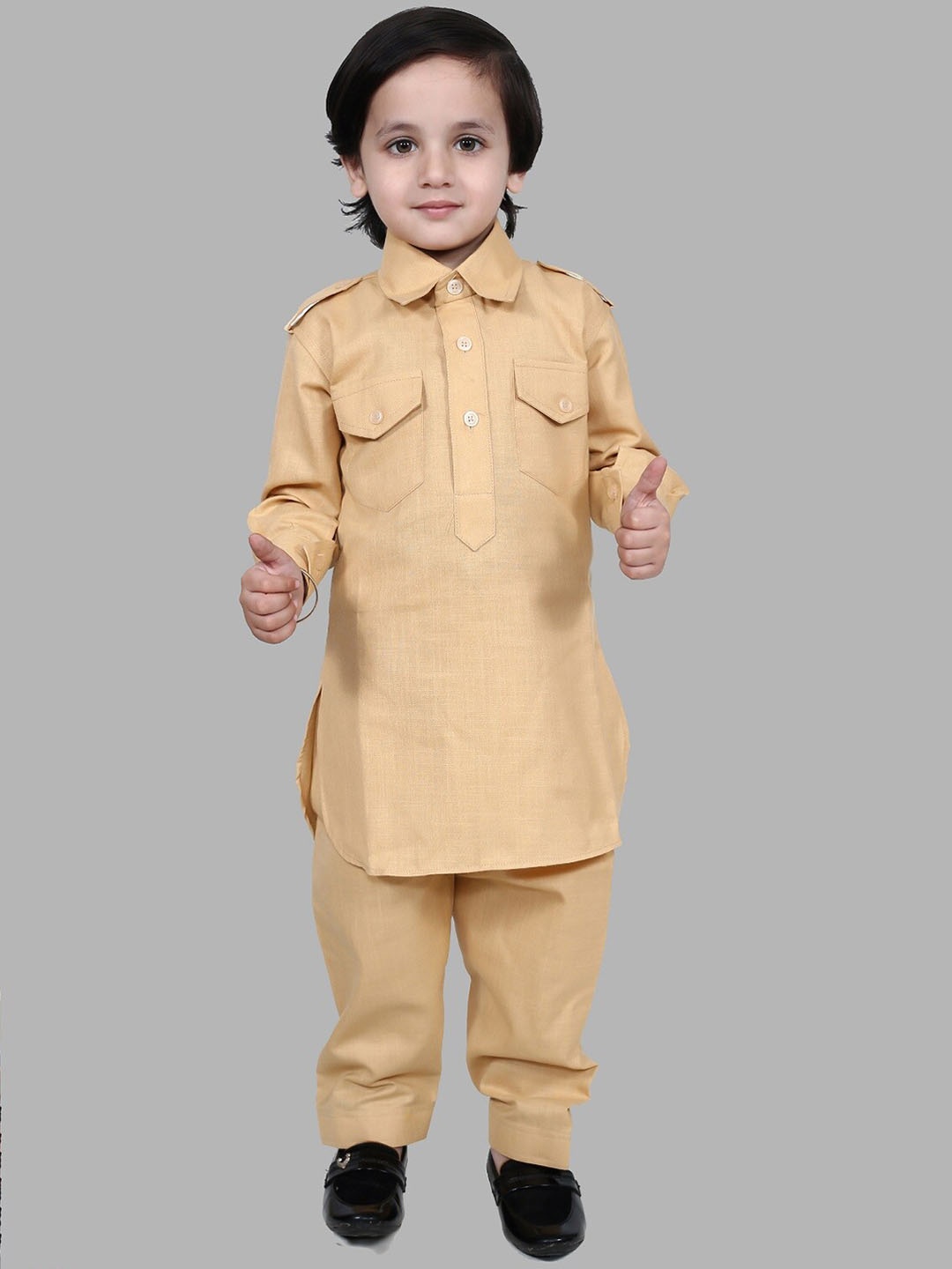 

BAESD Boys Roll-Up Sleeves Pure Cotton Pathani Kurta With Pyjama, Cream