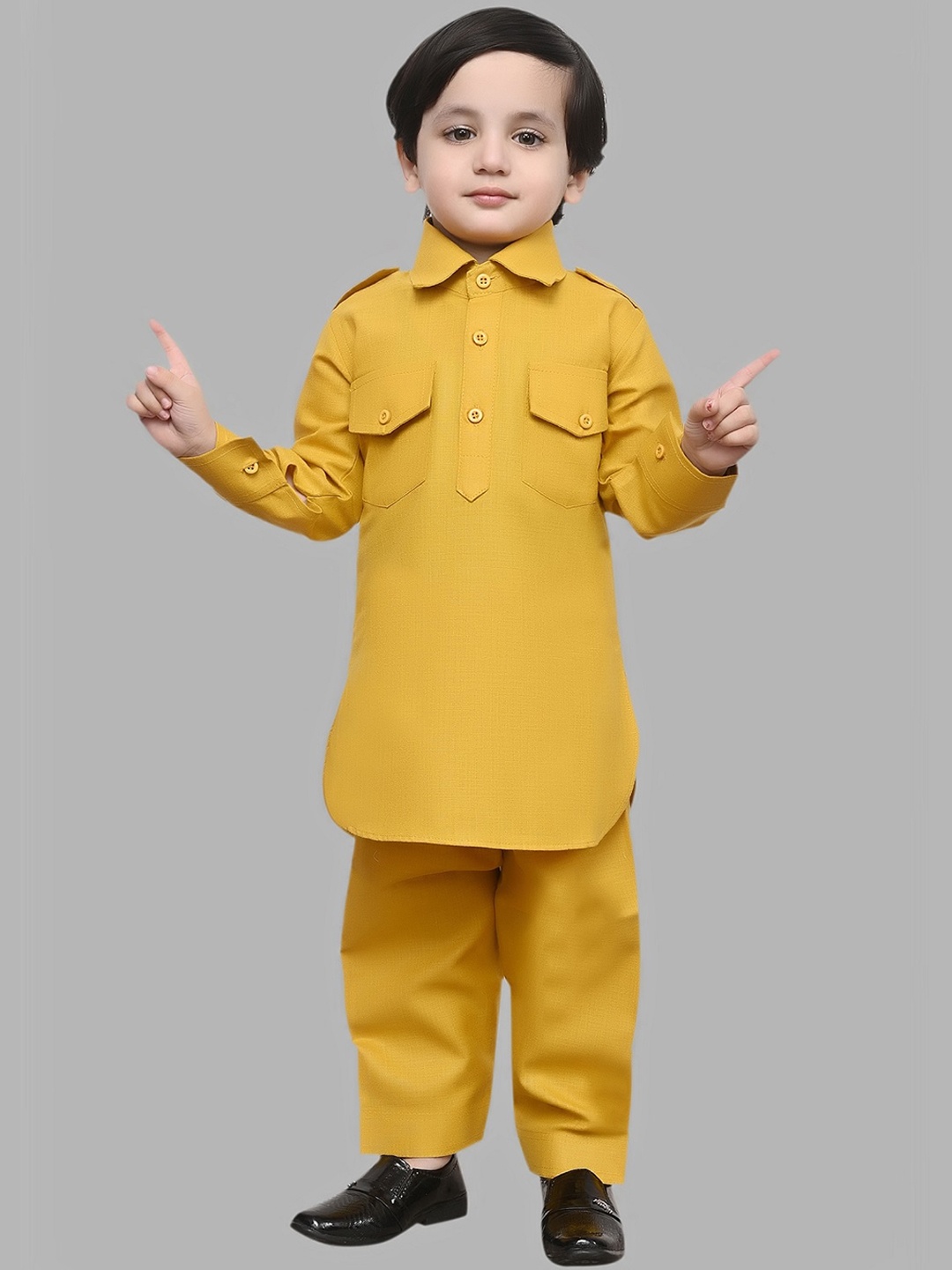 

BAESD Boys Roll-Up Sleeves Pure Cotton Pathani Kurta With Pyjama, Mustard