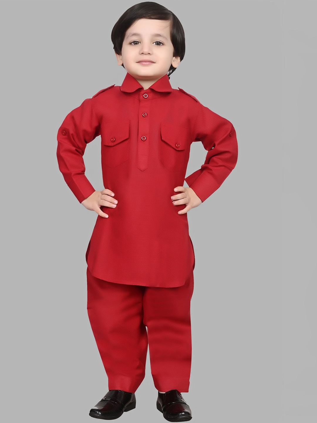 BAESD Boys Roll-Up Sleeves Pure Cotton Pathani Kurta With Pyjama, Maroon