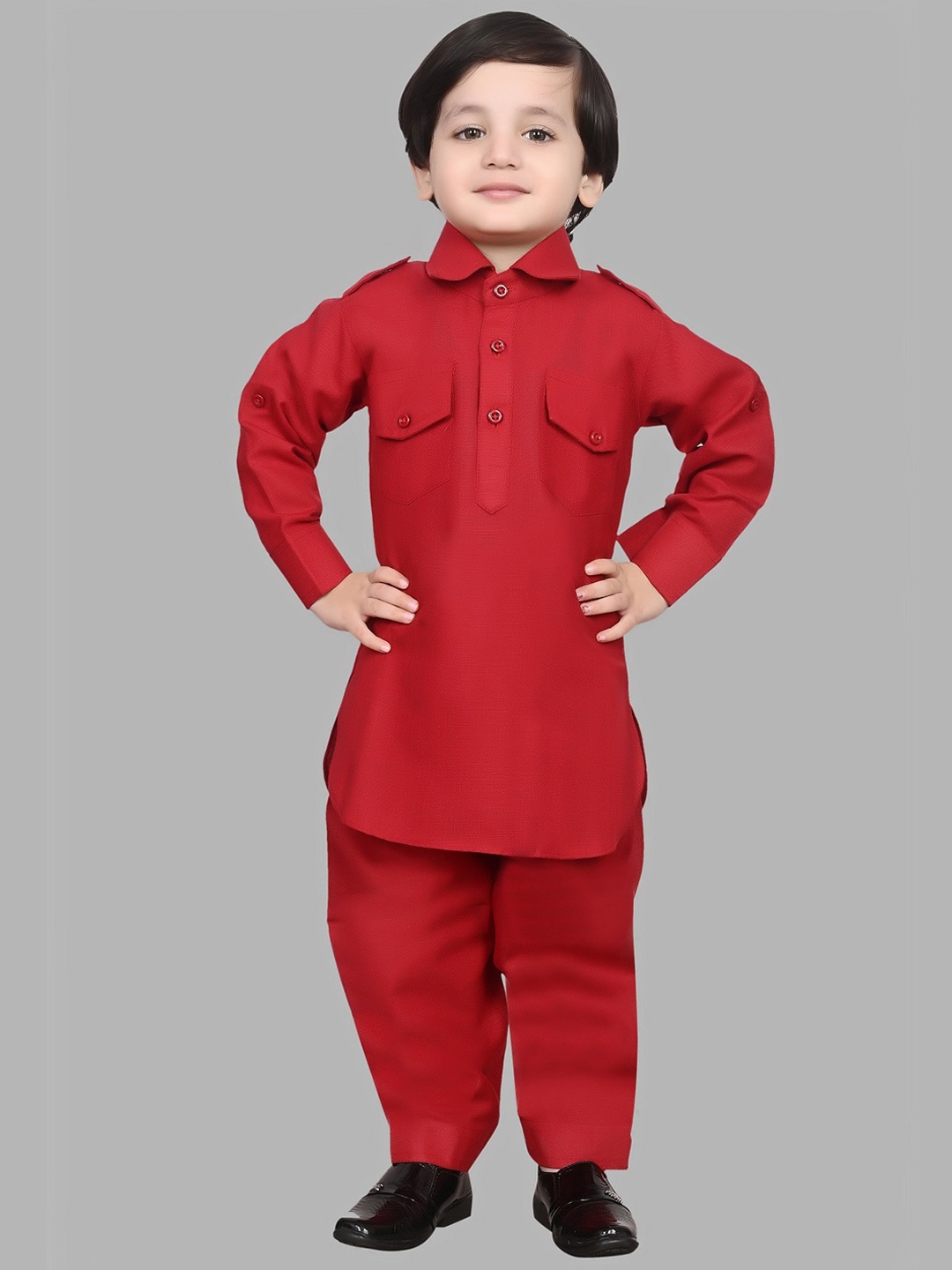 

BAESD Boys Roll-Up Sleeves Pure Cotton Pathani Kurta With Pyjama, Maroon