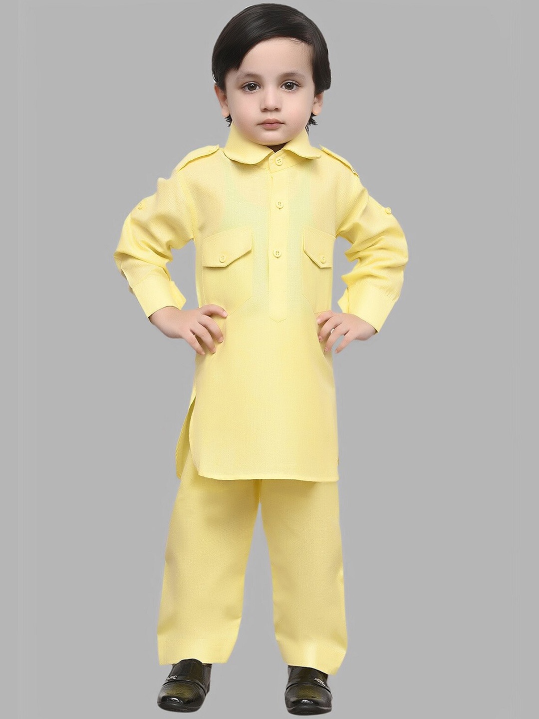 BAESD Boys Roll-Up Sleeves Pure Cotton Pathani Kurta With Pyjama, Yellow