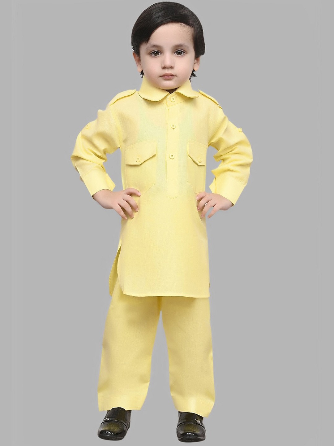 

BAESD Boys Pure Cotton Pathani Kurta With Pyjama, Yellow