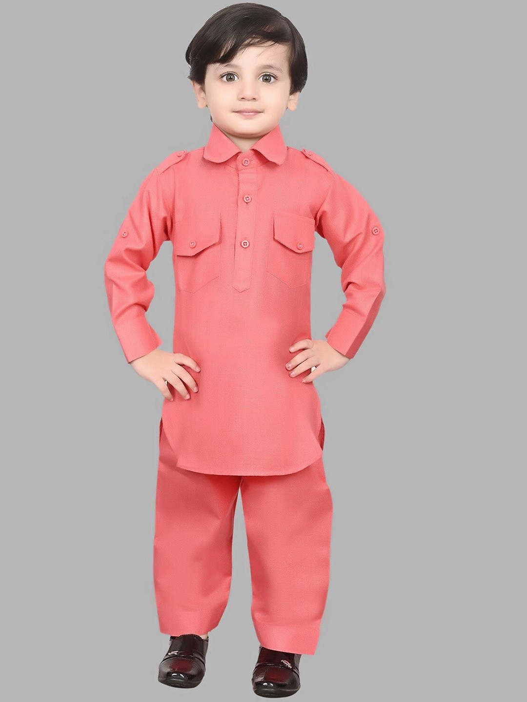 

BAESD Boys Roll-Up Sleeves Pure Cotton Pathani Kurta With Pyjama, Pink