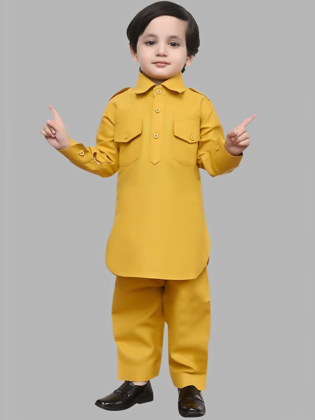 

BAESD Boys Roll-Up Sleeves Pure Cotton Pathani Kurta With Pyjama, Mustard