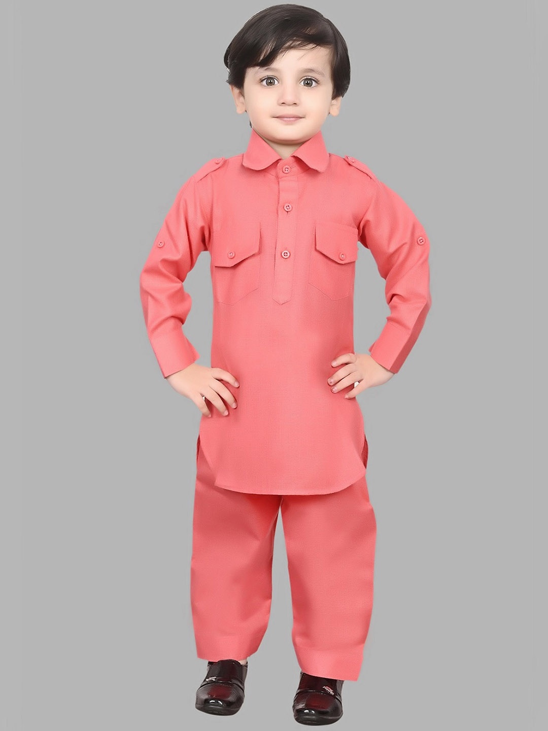 BAESD Boys Roll-Up Sleeves Pure Cotton Pathani Kurta With Pyjama, Pink