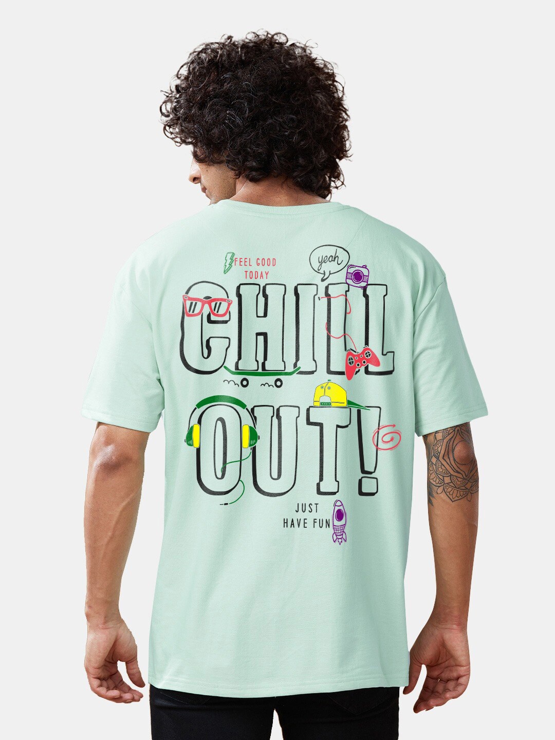 

Crazymonk Chill Out Printed Drop Shoulder Pure Cotton Oversized T-Shirt, Green